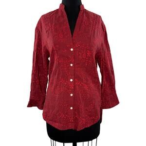 ZARA Red Blouse Cotton Embroidered Eyelet Split Neck Curved Hem Button-Up Sz XS